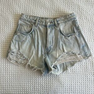 Zara Light Blue Distressed Denim Shorts